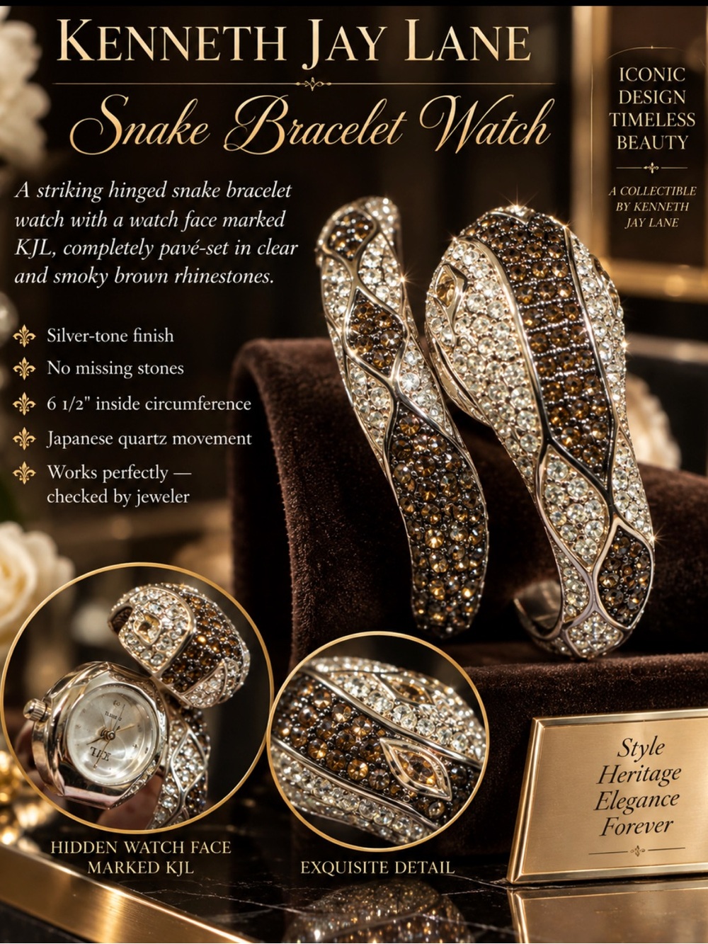Kenneth Jay Lane Smoky Brown and Clear Crystal Snake Bangle Bracelet Watch